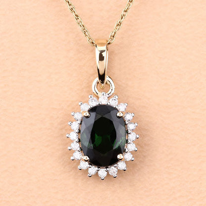 1.39 Carat Genuine Green Tourmaline and White Diamond 14K Yellow Gold Pendant