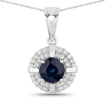 1.71 Carat Genuine Blue Sapphire and White Diamond 10K White Gold Pendant