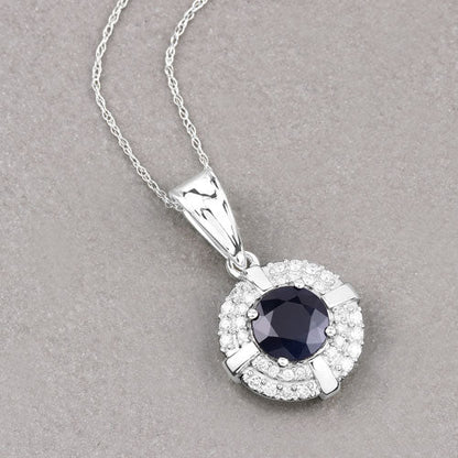 1.71 Carat Genuine Blue Sapphire and White Diamond 10K White Gold Pendant