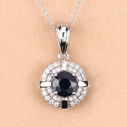 1.71 Carat Genuine Blue Sapphire and White Diamond 10K White Gold Pendant