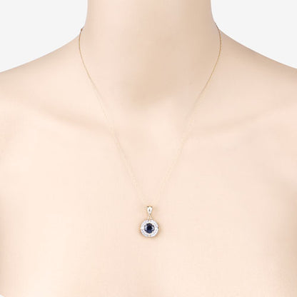 1.71 Carat Genuine Blue Sapphire and White Diamond 10K Yellow Gold Pendant
