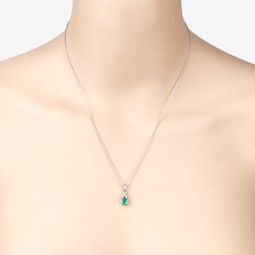 0.64 Carat Genuine Zambian Emerald and White Diamond 10K White Gold Pendant