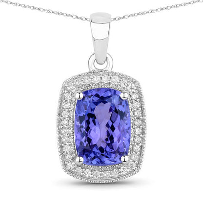 3.01 Carat Genuine Tanzanite and White Diamond 14K White Gold Pendant