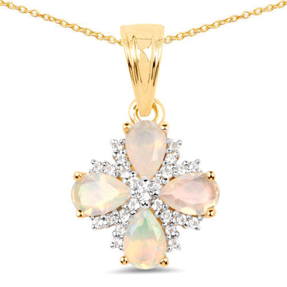 14K Yellow Gold Plated 1.19 Carat Genuine Ethiopian Opal and White Topaz .925 Sterling Silver Pendant