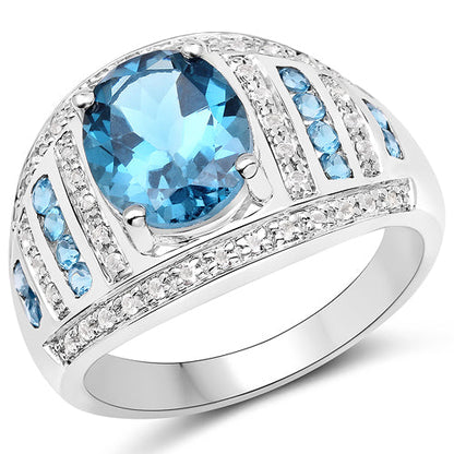 3.24 Carat Genuine London Blue Topaz and White Topaz .925 Sterling Silver Ring
