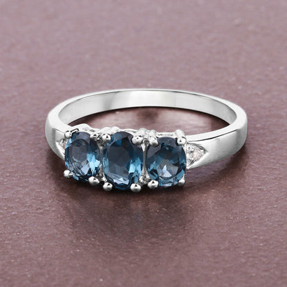 1.35 Carat Genuine London Blue Topaz and White Diamond .925 Sterling Silver Ring