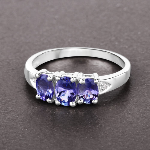 1.11 Carat Genuine Tanzanite and White Diamond .925 Sterling Silver Ring