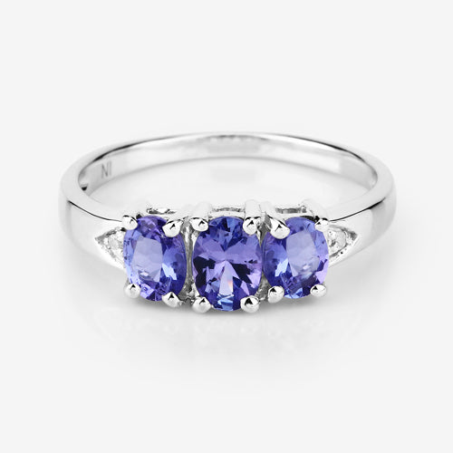 1.11 Carat Genuine Tanzanite and White Diamond .925 Sterling Silver Ring