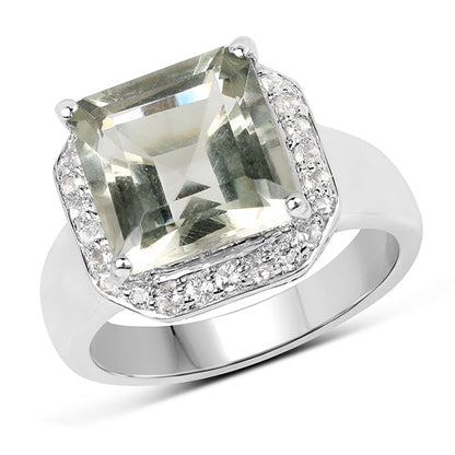 4.52 Carat Genuine Green Amethyst and White Topaz .925 Sterling Silver Ring
