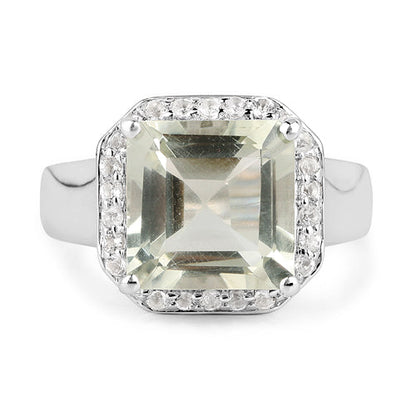 4.52 Carat Genuine Green Amethyst and White Topaz .925 Sterling Silver Ring