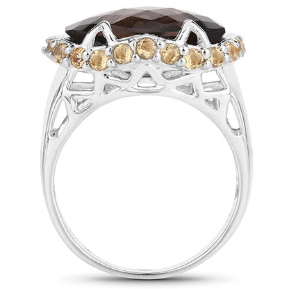 Two Tone Plated 9.58 Carat Genuine Smoky Quartz & Citrine .925 Sterling Silver Ring