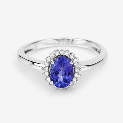 0.86 Carat Genuine Tanzanite and White Diamond 14K White Gold Ring