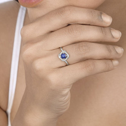 0.73 Carat Genuine Blue Sapphire and White Diamond 14K White Gold Ring