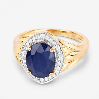 3.31 Carat Genuine Blue Sapphire and White Diamond 14K Yellow Gold Ring