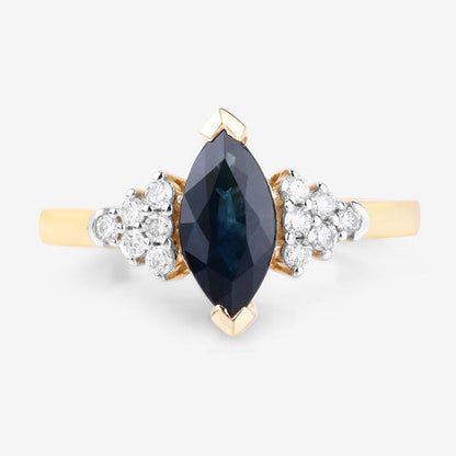 1.47 Carat Genuine Blue Sapphire and White Diamond 14K Yellow Gold Ring