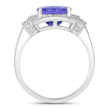 4.31 Carat Genuine Tanzanite and White Diamond 14K White Gold Ring