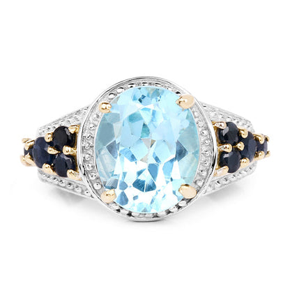14K Yellow Gold Plated 5.80 Carat Genuine Blue Topaz & Blue Sapphire .925 Sterling Silver Ring